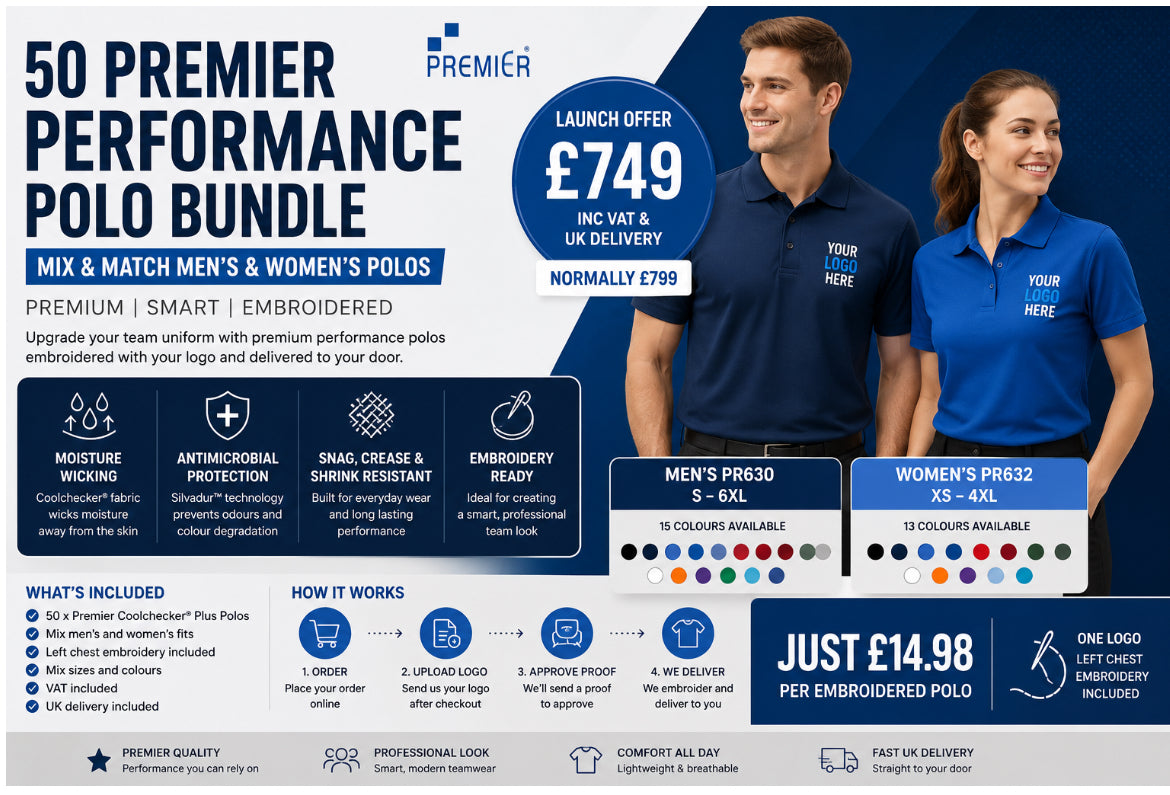 50 Premier Embroidered Polo Shirt Bundle | Men’s & Women’s Workwear Polos