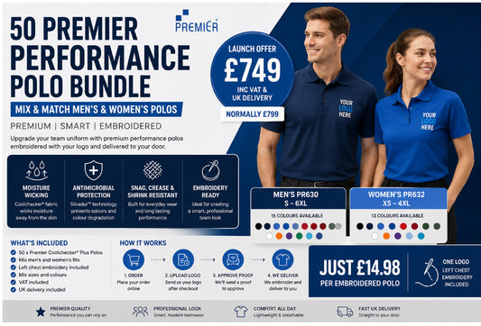 50 Premier Embroidered Polo Shirt Bundle | Men’s & Women’s Workwear Polos