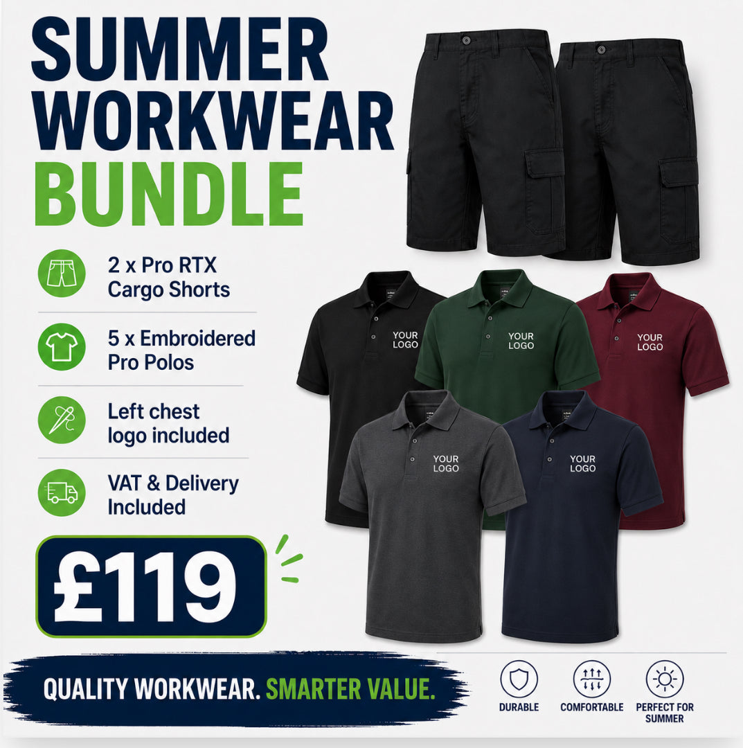 Summer Workwear Bundle – 2 Pro RTX Cargo Shorts + 5 Embroidered Pro Polos