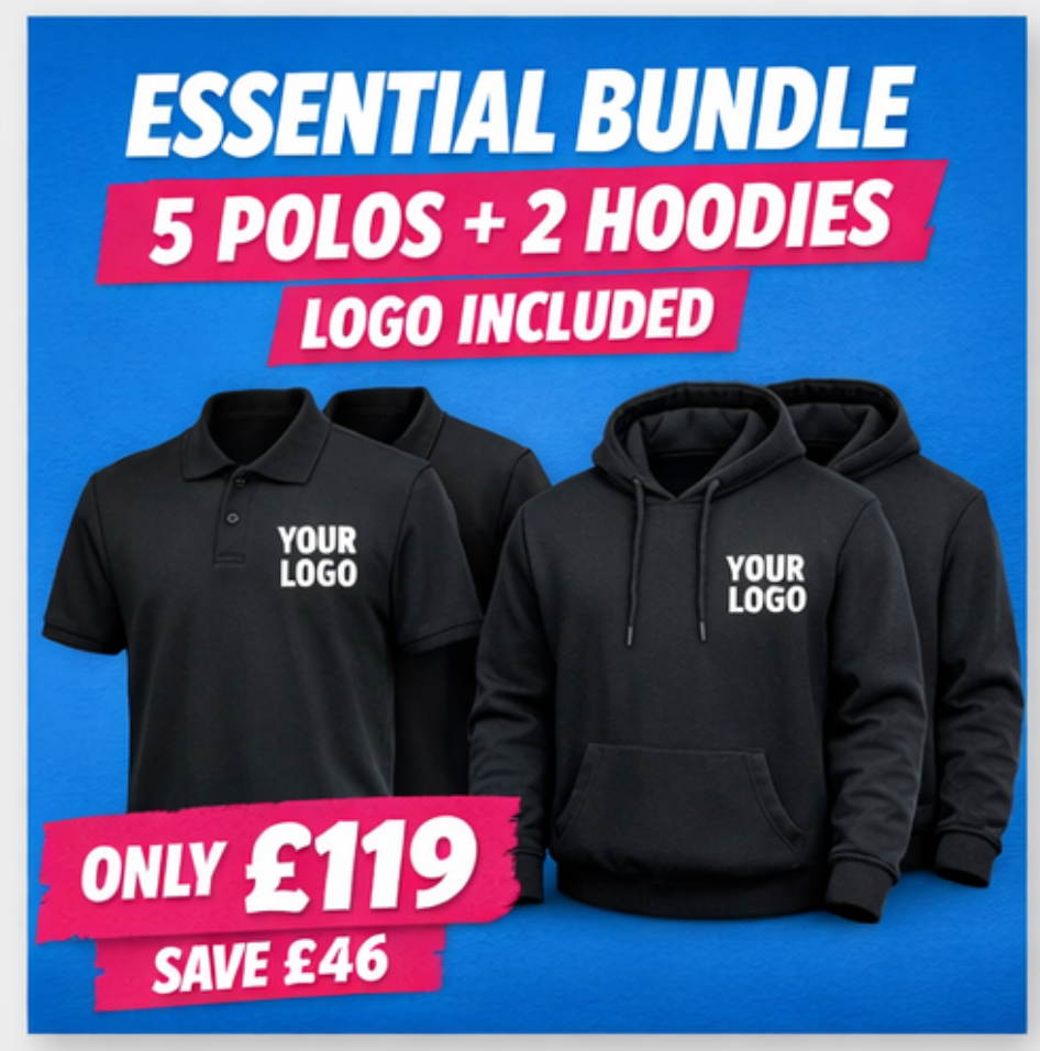 Essential Workwear Bundle – 5 Polos & 2 Hoodies (Logo Included)